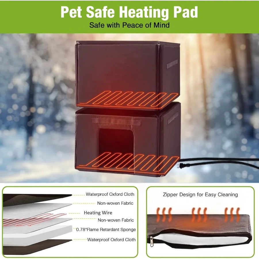 Heated Outdoor Cat House with Insulated Liner 2-Story Feral Cat Shelter with Heater Weatherproof Wooden Kitty Shelter with Wind