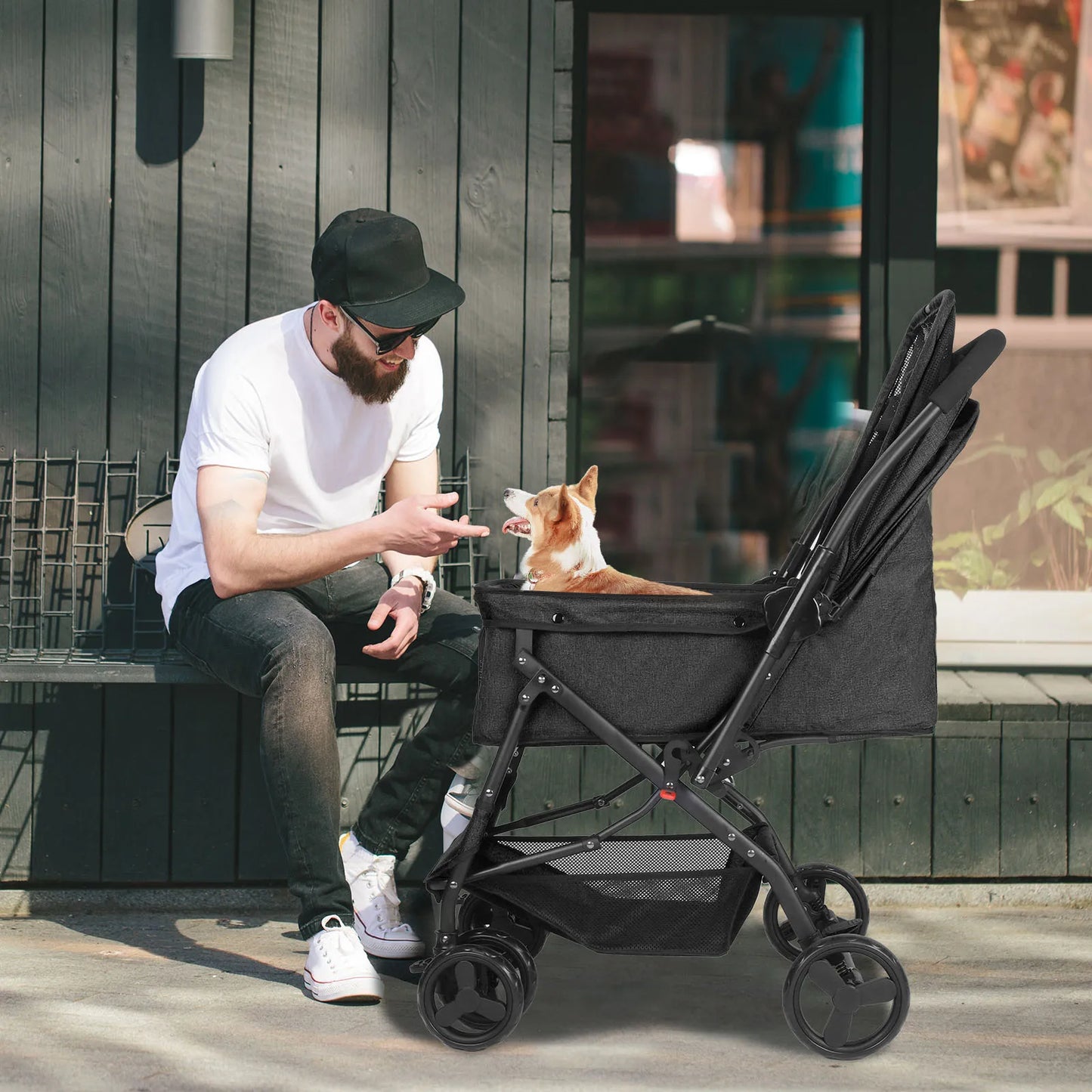 Dog Stroller With Reversible Handlebar And Poop Bags