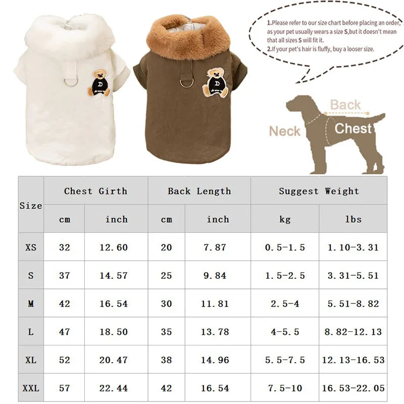 Winter Dog Coat Bear Print Fur Collar Windproof Jacket
