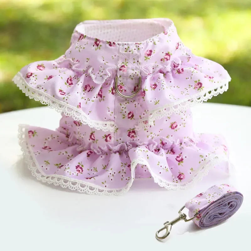 Floral Printed Dog Cat Harness Leash Set Adjustable Vest