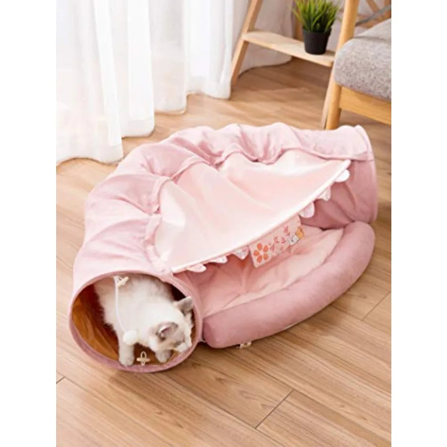 2 in 1 Cat Tunnel Bed Tube with Cushion and Plush Ball Toy Playground Crinkle Collapsible for Large Cats Kittens Kitty Puppy Sm