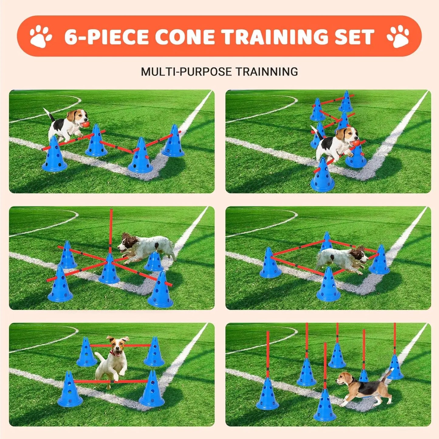 DishyKooker Dog Agility Hurdle Cone Set For Backyard Course With 12 Cones And 6 Rods