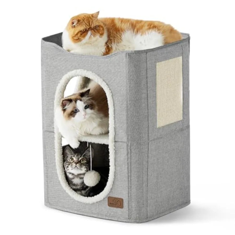 2 Story Cat House - Cat Condos for Indoor Cats with Scratch Pad and Fluffy Ball Hanging, Small Pet Cave Furniture Hideaway for