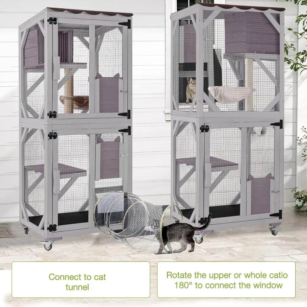 GUTINNEEN Catio Outdoor Cat Enclosure Mobile Cat House Indoor On Wheels with Scratch Post, Hammock, Resting Box, Platform, Tarp