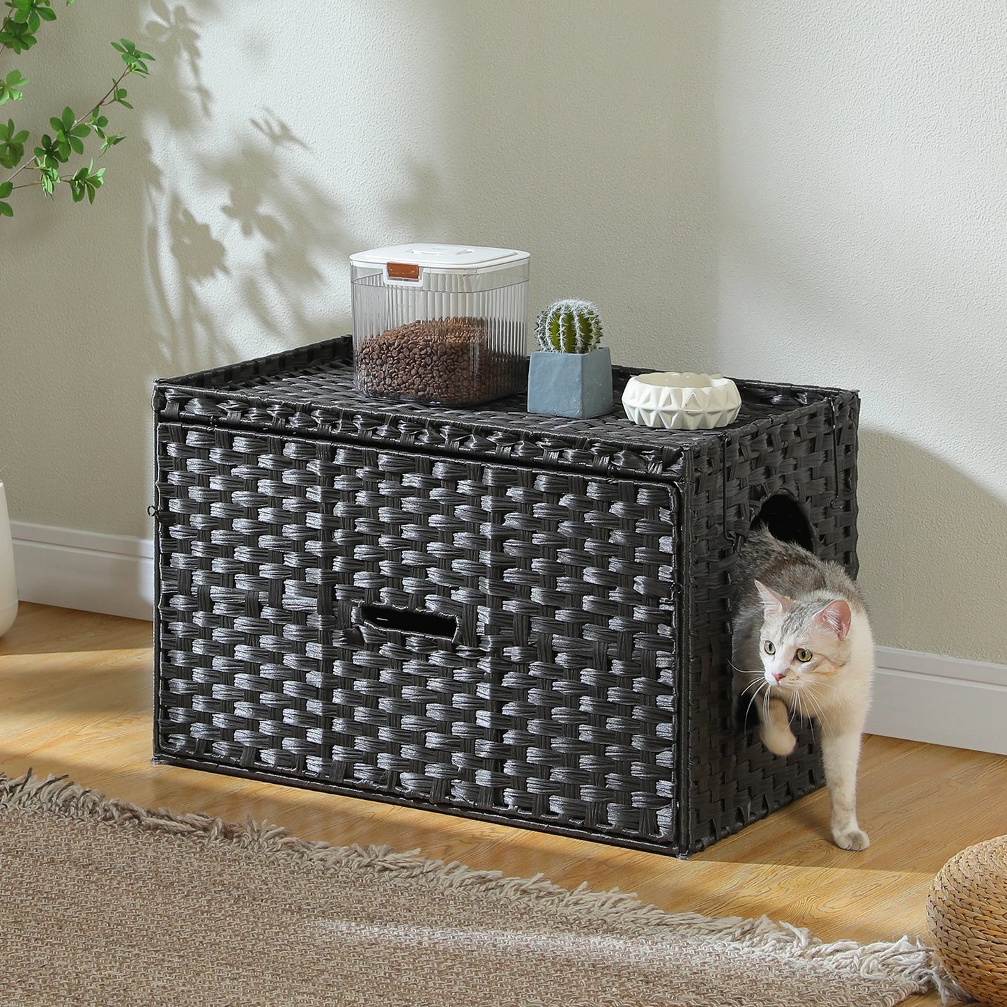 Rattan Cat Litter Box Enclosure with Taller Doorway and Flip-Up Design-More Space Raised Edge Mat-Cat House Cabinet Furniture