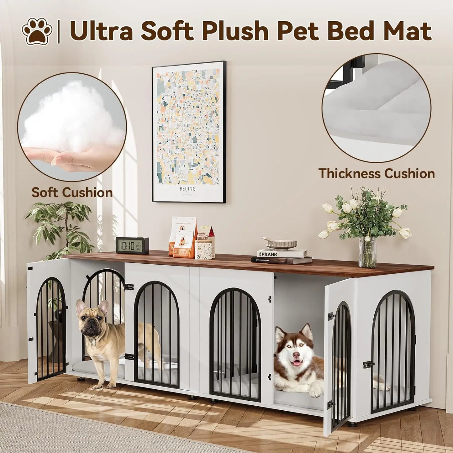 Dog Crate Furniture for 2 Dogs, 71" Dog Kennel Indoor with Cushions,XXL Wooden Dog Crates TV Stand with Removable Divider