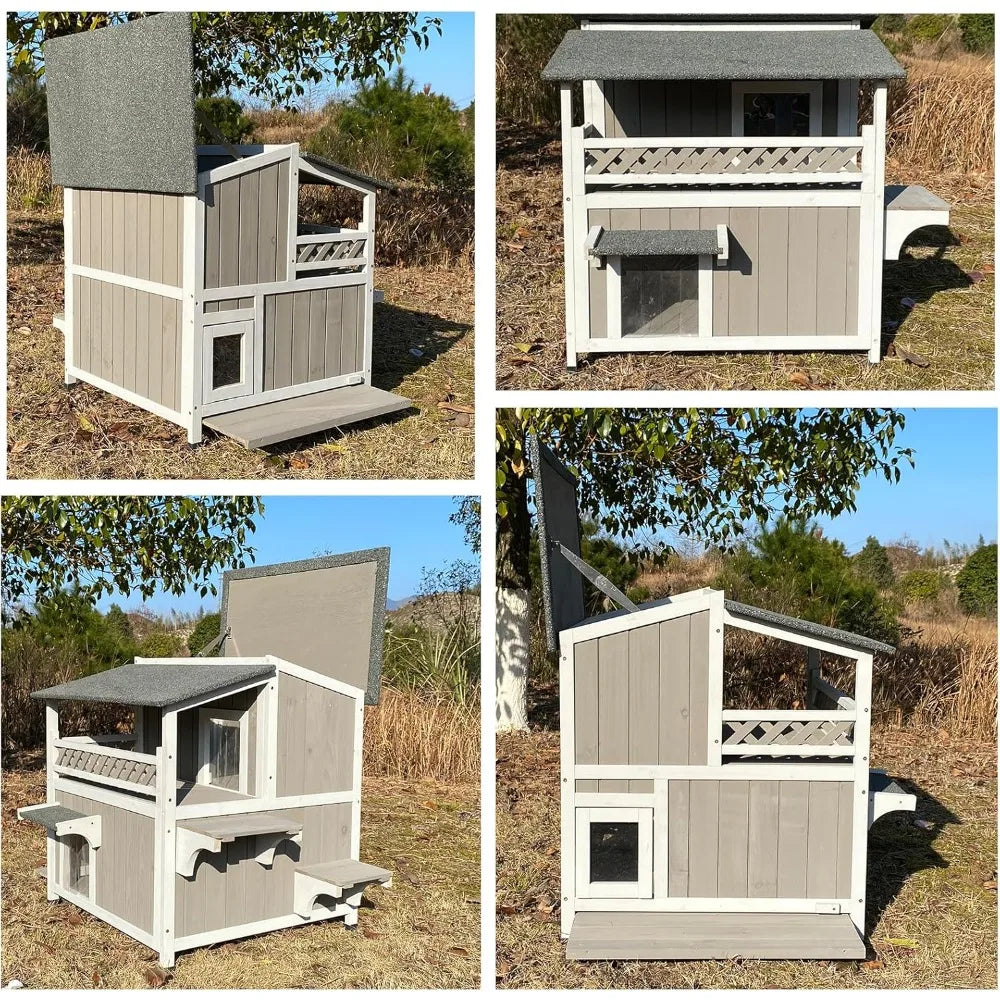 Two-Story Outdoor Wooden Cat Shelter With Balcony For Outdoor Cats