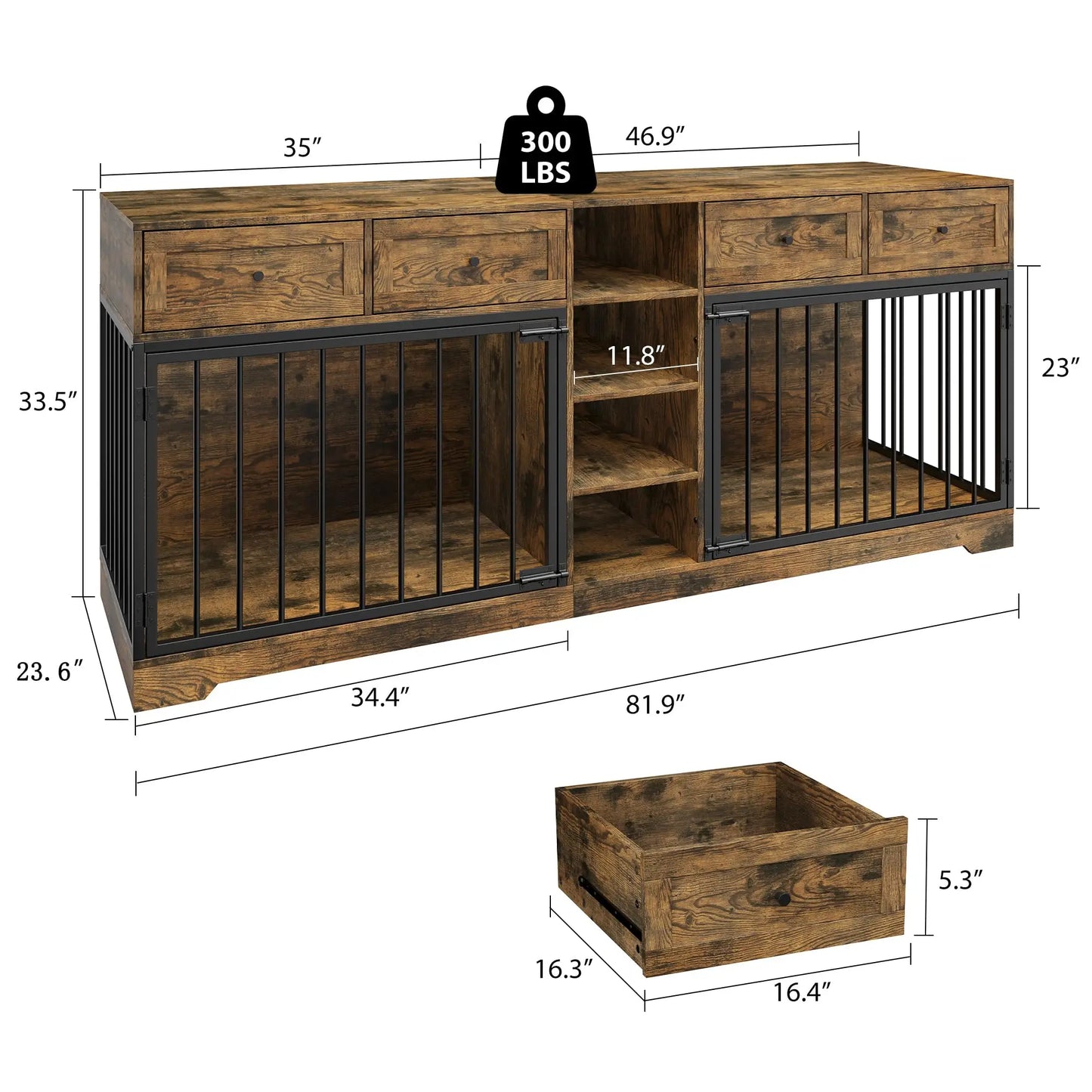 HiMISS Double Dog Crate TV Stand With 4 Drawers Organizer