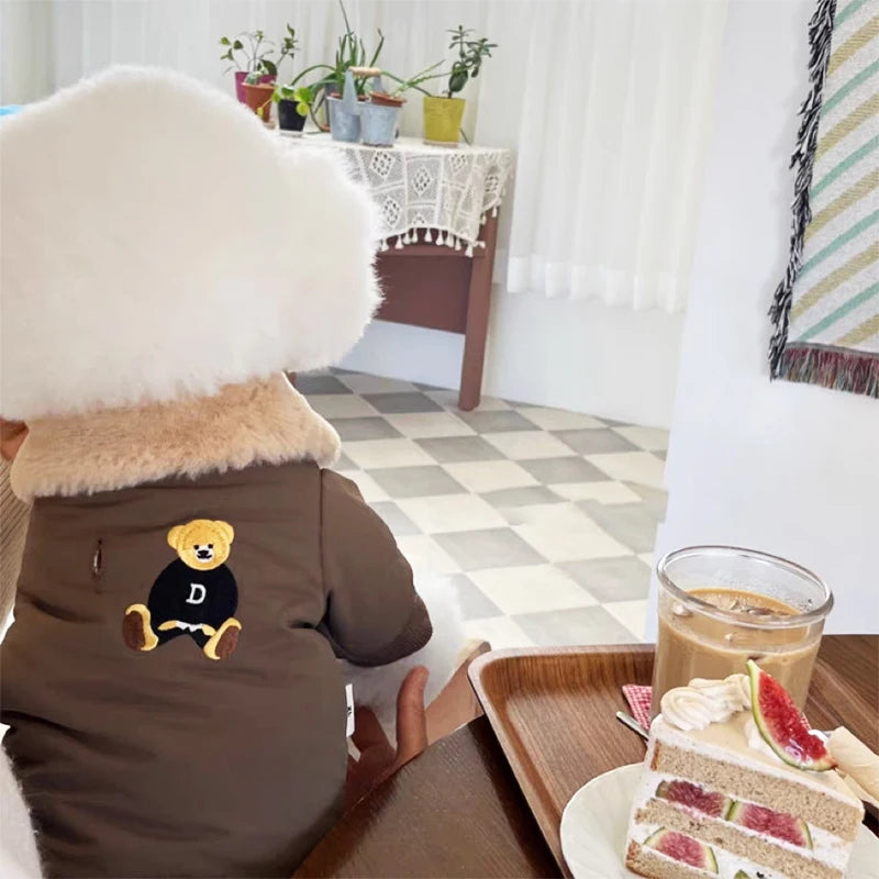 Winter Dog Coat Bear Print Fur Collar Windproof Jacket