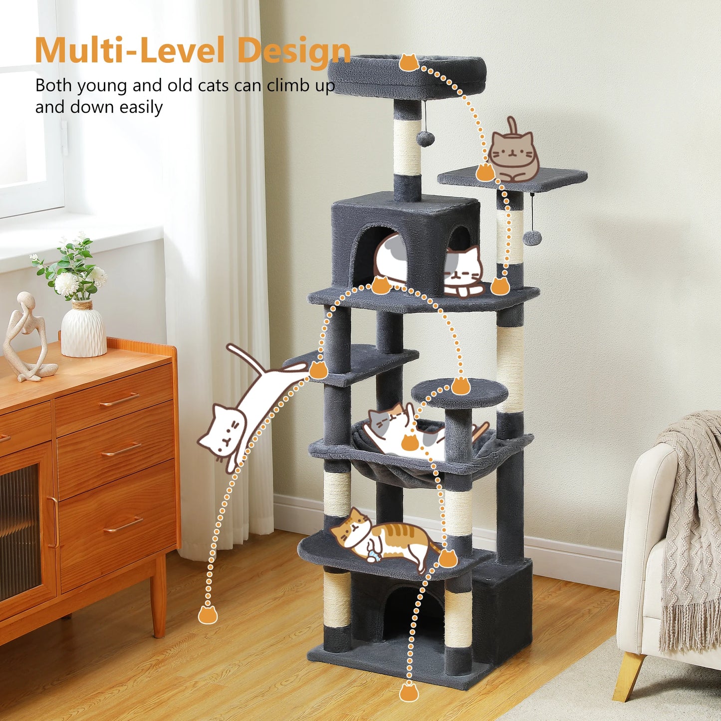 PEQULTICN Five Tier Cat Tree With Scratching Posts And Hammocks