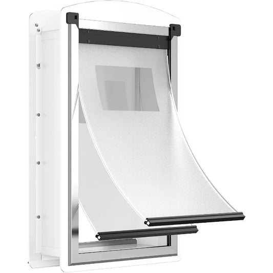 XLarge Weatherproof Steel Dog Door with Telescoping Tunnel for Wall Installation Features Two Sliding Lock Panels and Magnetic