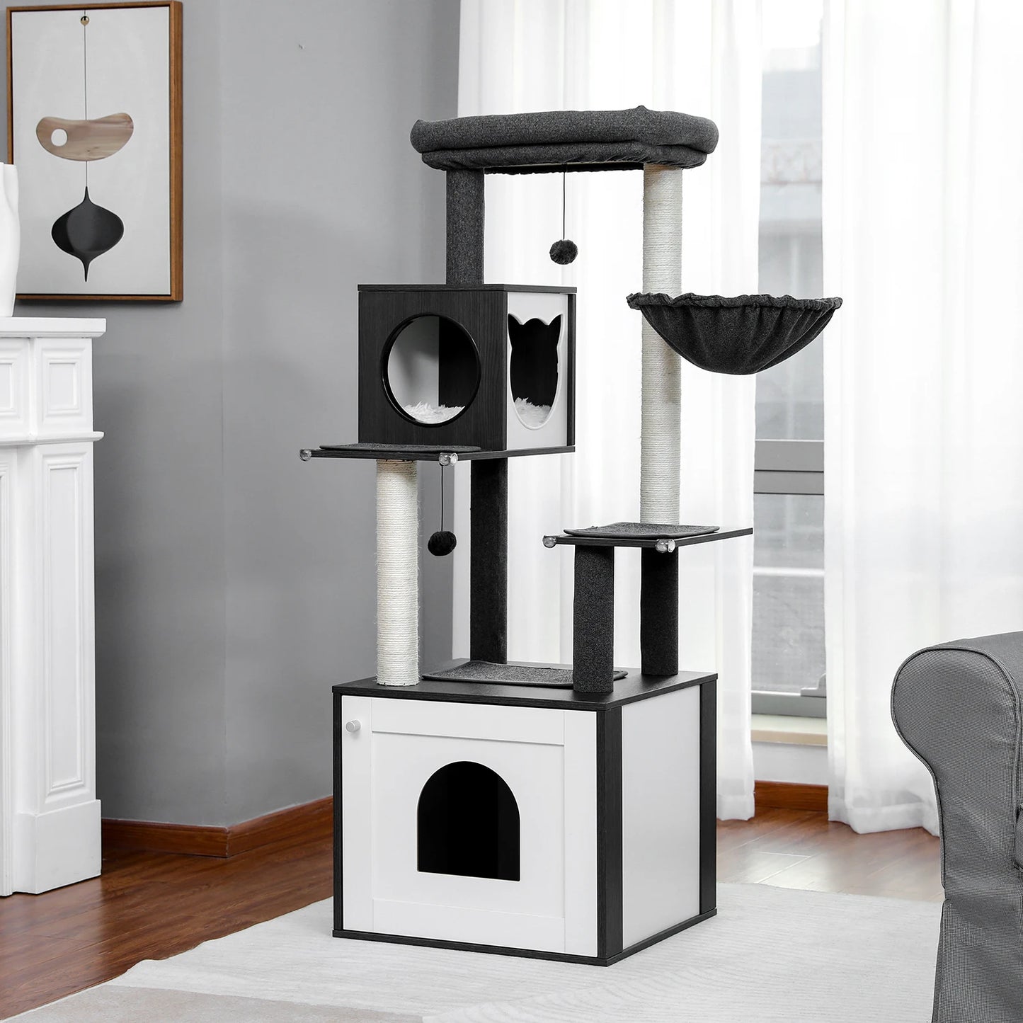 Multi-Level Cat Tree for Indoor Wood Cat Tower with Scratching Posts Spacious Condo Hammock Top Perch Cat Scratcher Cat Toys
