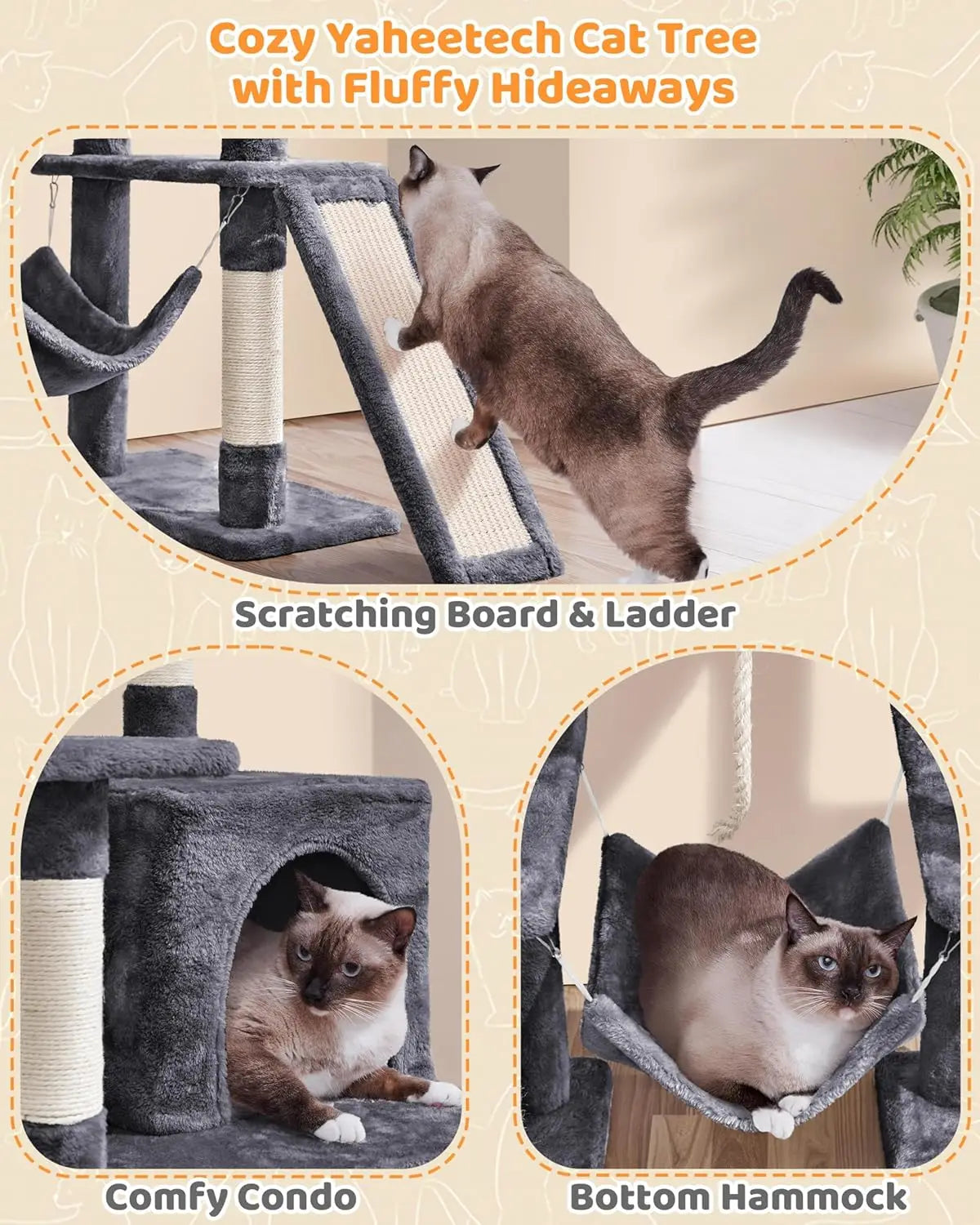Large Multi-Level Cat Tree, 63 Inches Tall with Scratching Posts, Condo, Hammock, and Play Platform for Cats