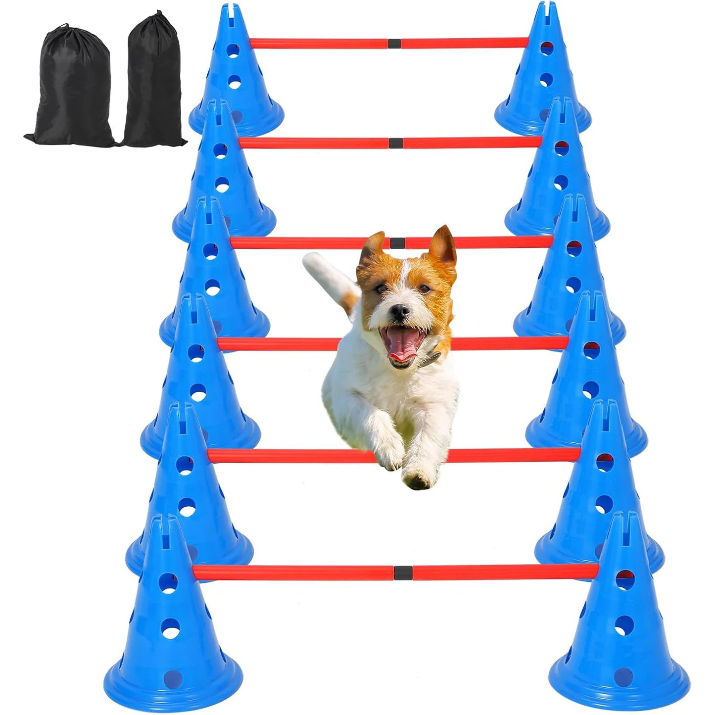 DishyKooker Dog Agility Hurdle Cone Set For Backyard Course With 12 Cones And 6 Rods