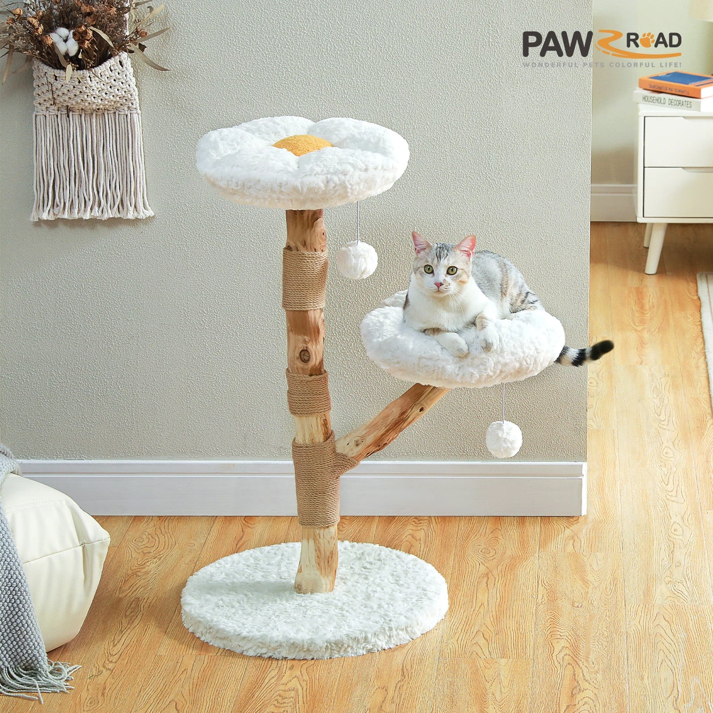 PAWZ Road Modern Cat Tree Tower With Natural Wood Posts