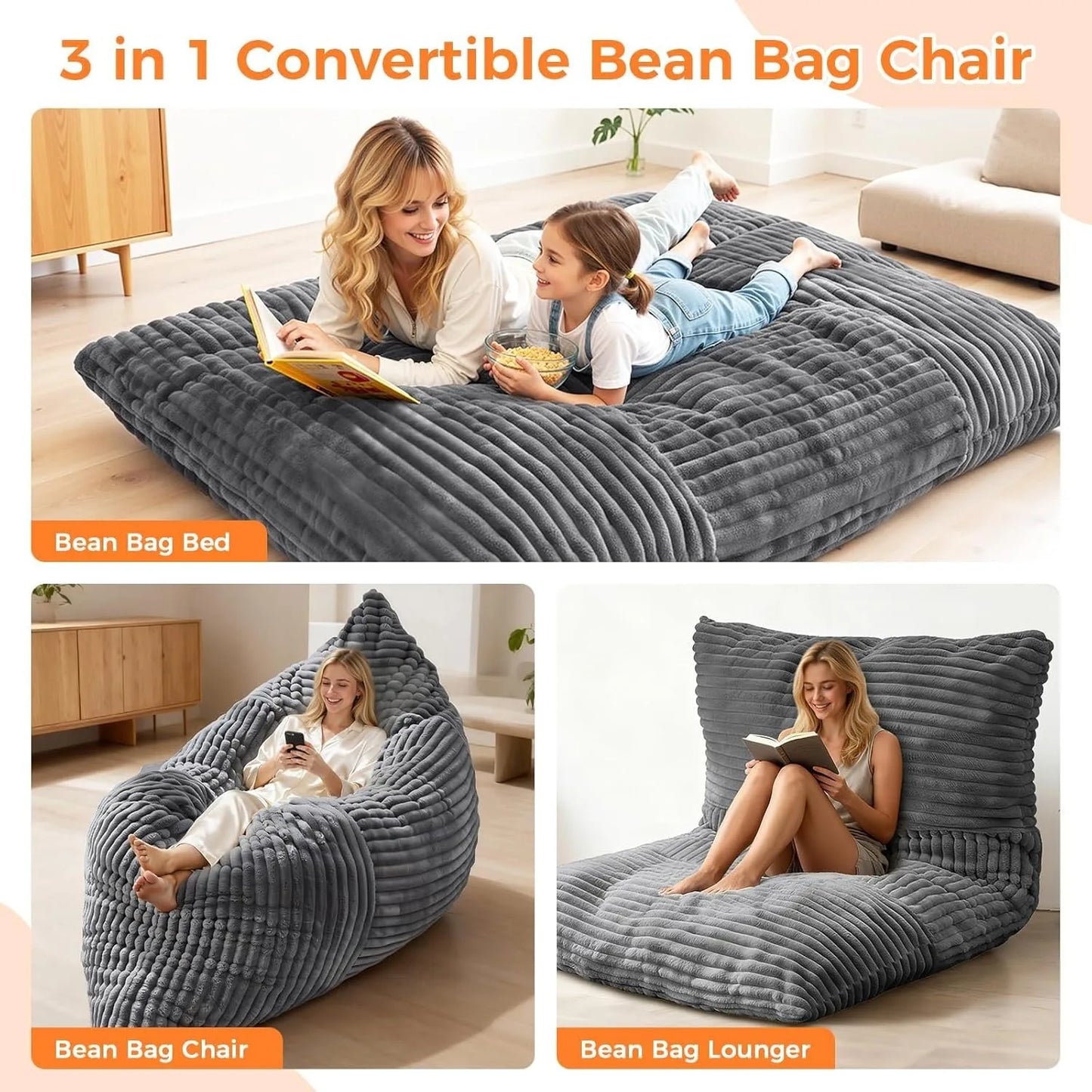 Comfortable 3 in 1 Convertible Bean Bag Chair Bed for Adults and Kids Oversized Memory Foam Floor Sofa with Washable Cover