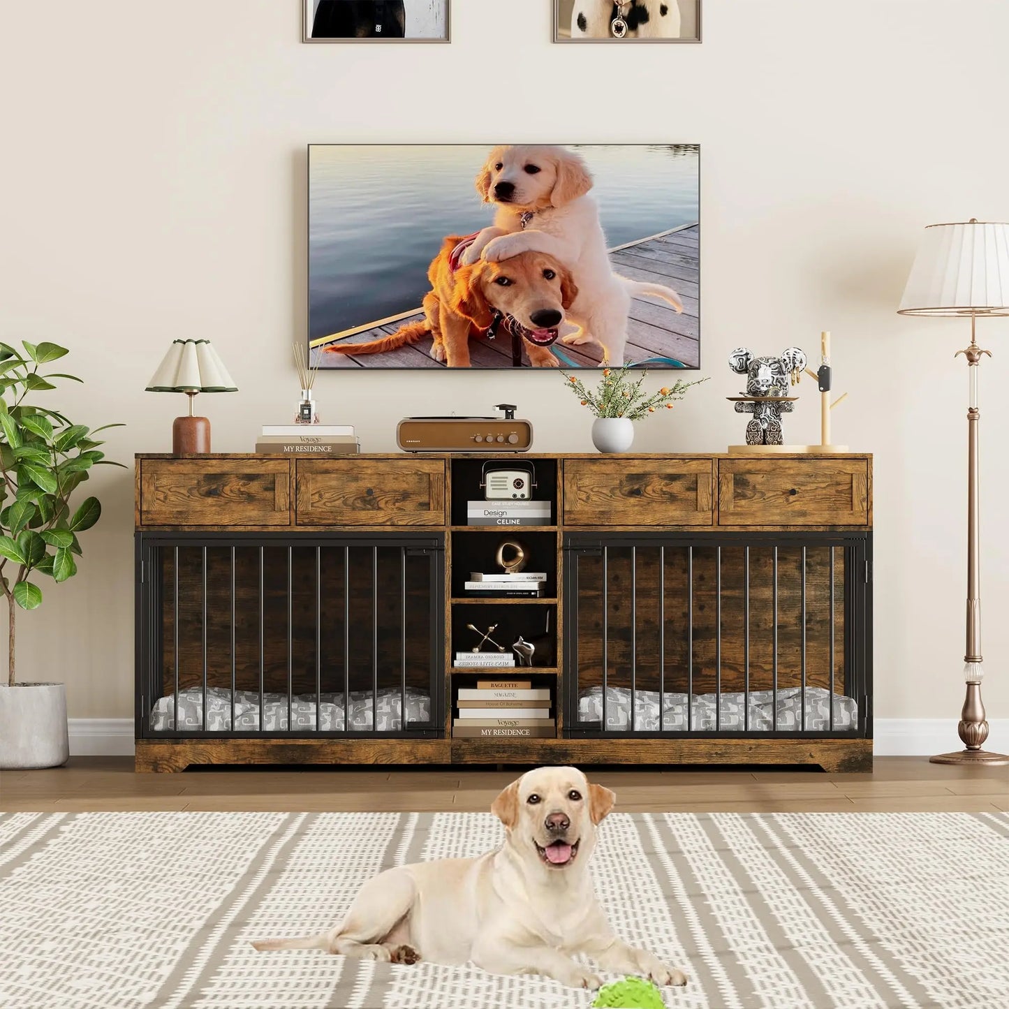 HiMISS Double Dog Crate TV Stand With 4 Drawers Organizer