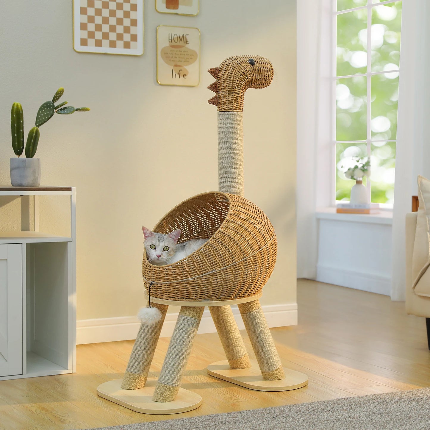 PAWZ Road Dinosaur Cat Tree Tower With Sisal Scratching Post Three Layer Rattan Cat Condo Indoor Wicker Bed