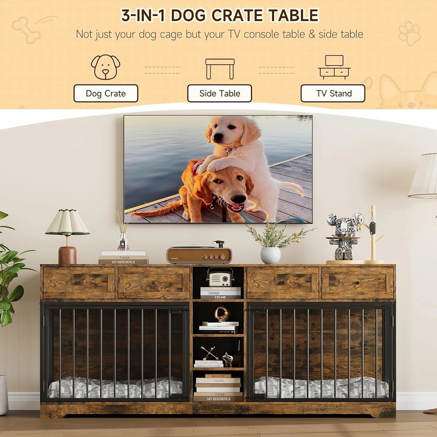 HiMISS Double Dog Crate TV Stand With 4 Drawers Organizer