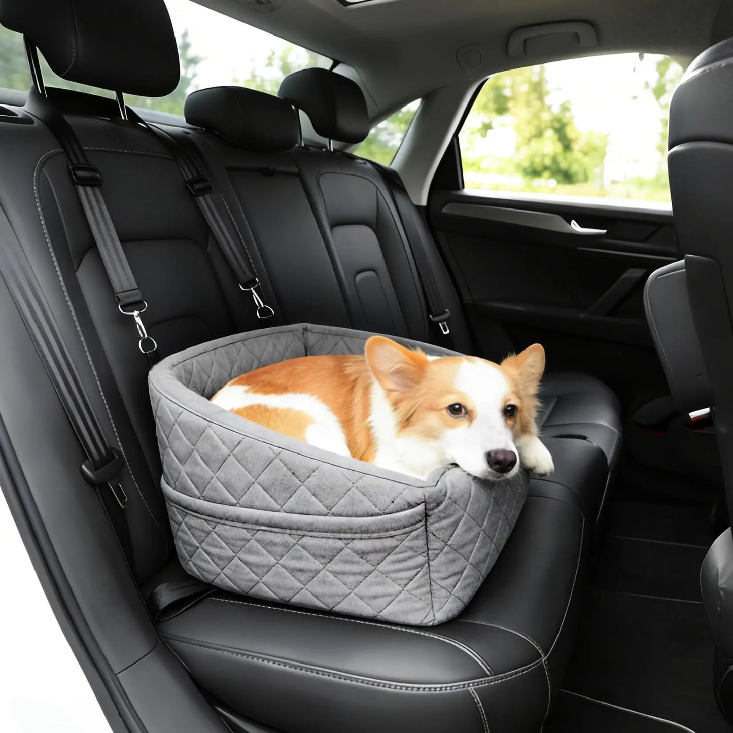 Dog Booster Car Seat, Detachable Washable Pet Dog Bed with Safety Belt for Small Medium Puppies Cats Under 30-35 LB