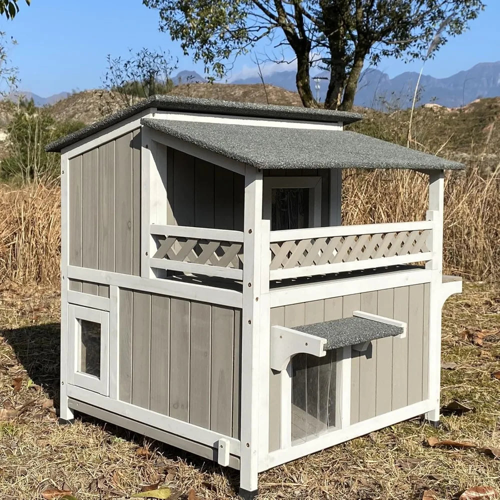 Two-Story Outdoor Wooden Cat Shelter With Balcony For Outdoor Cats