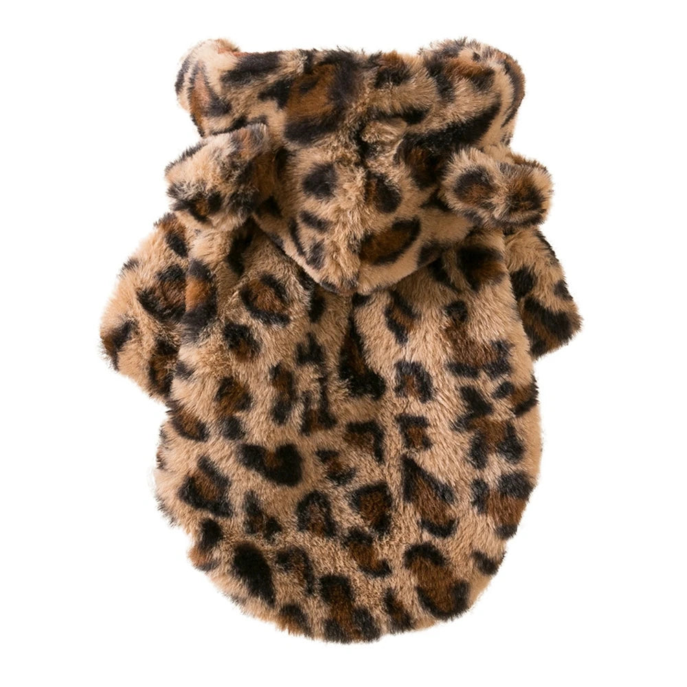 NONECN Winter Fleece Dog Hoodie Leopard Coat for Small Dogs