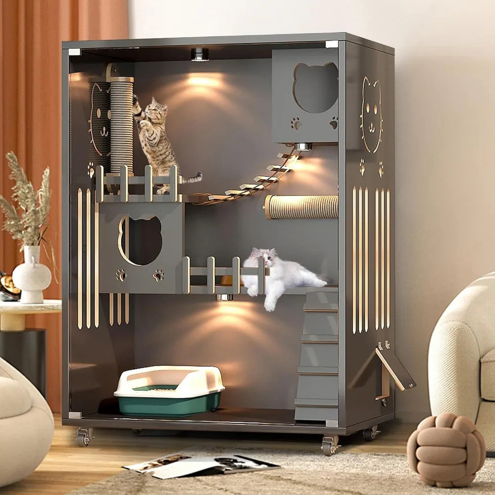 Large Enclosed Cat Condo, Wooden Large Cat Villa, Indoor/Outdoor Cats Enclosure with Wheels, Multi-Feature Cat Houses for Indoor