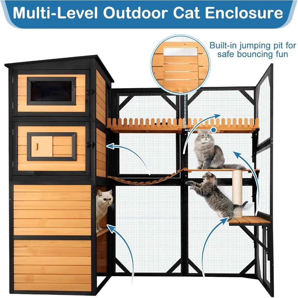 Large Cat Catio Outdoor 4 Tiers Walk-in Cat Enclosure Window Access, Cat Cage Cat House for Multiple Indoor Outdoor Cats, Outsid