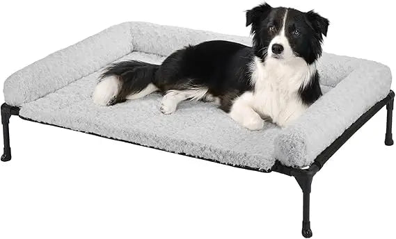 veehoo cooling elevated dog bed add removable deluxe rose plush bolster cushion mat, 41" x 27" washable dog couch bed, raised pe
