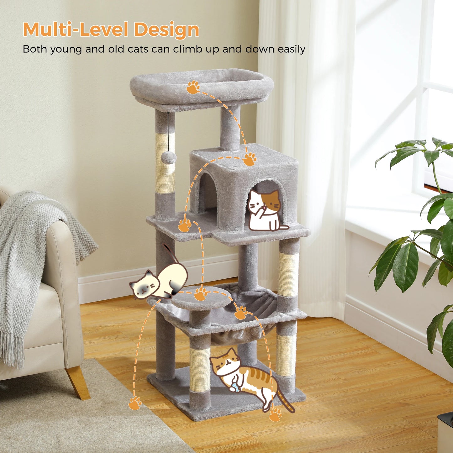 PETEPEL Cat Tree Indoor 5 Level Tower With Metal Frame Large Hammock