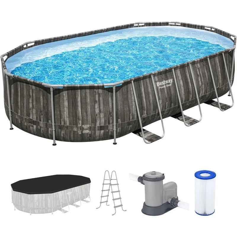 Bestway Power Steel 20’ x 12’ x 48” Above Ground Pool, Oval Metal Frame Outdoor Swimming Pool Set with Filter Pump, Ladder