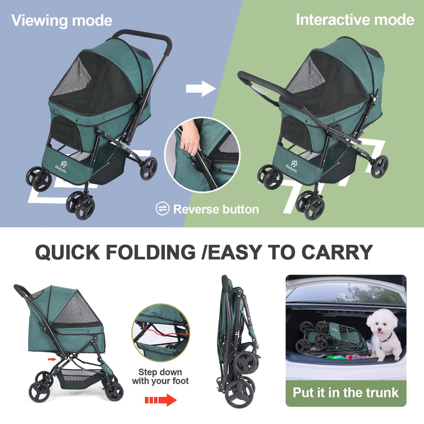 Dog Stroller With Reversible Handlebar And Poop Bags