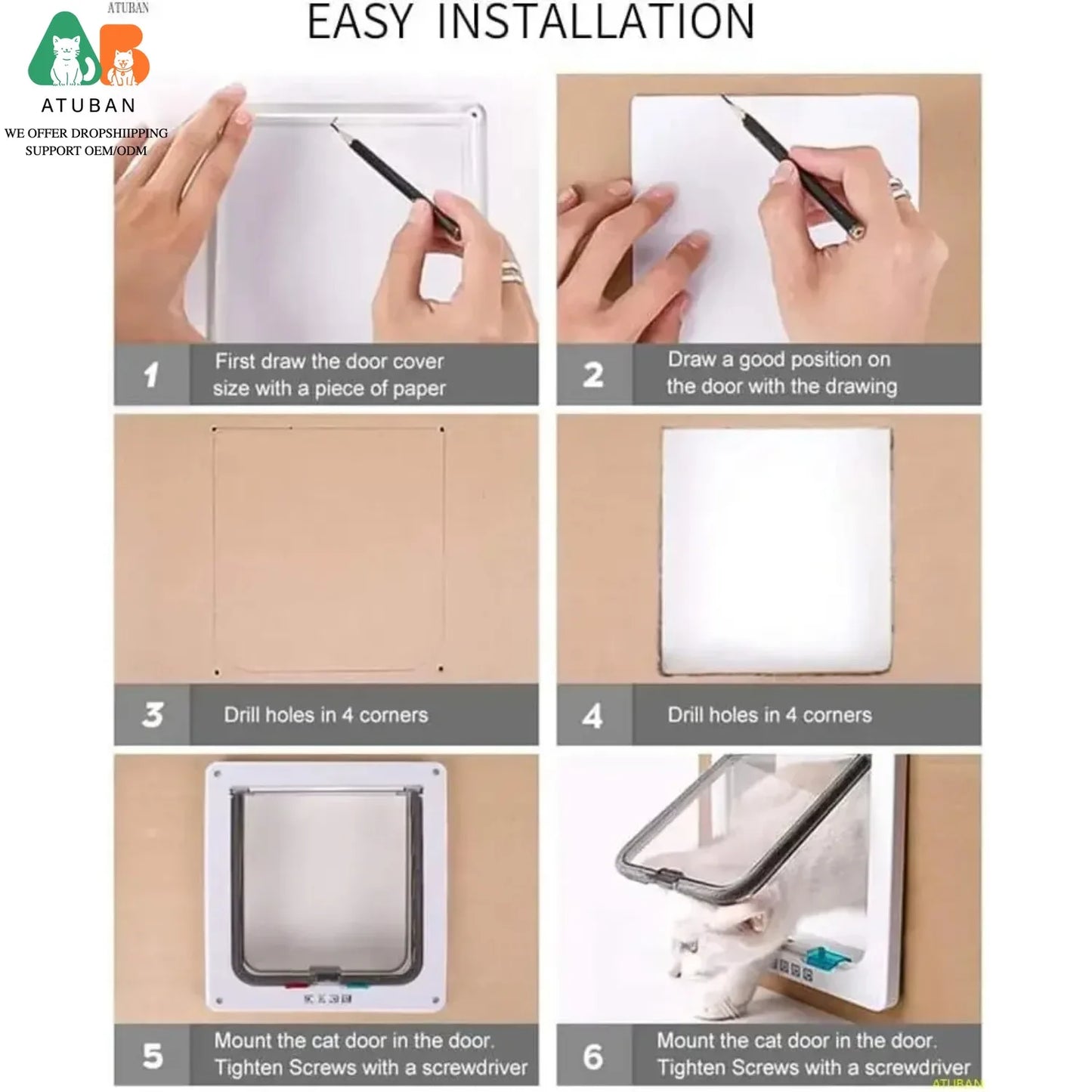 ATUBAN Cat Door With 4 Modes Locking Window Or Wall