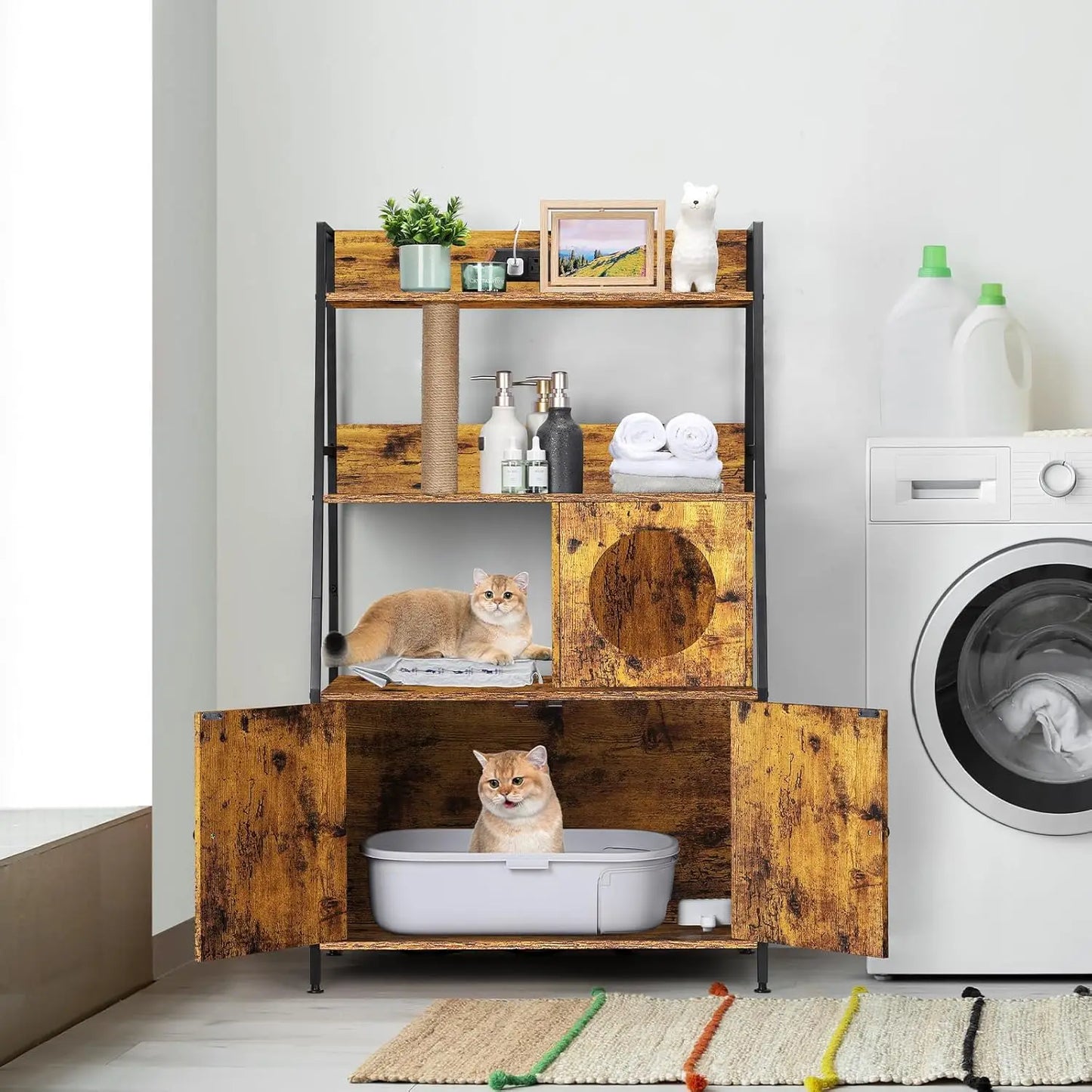 Cat Litter Box Enclosure with 2 Storage Shelves Enclosure Furniture with Charging Station,Cat Washroom with Cat Tree Tower