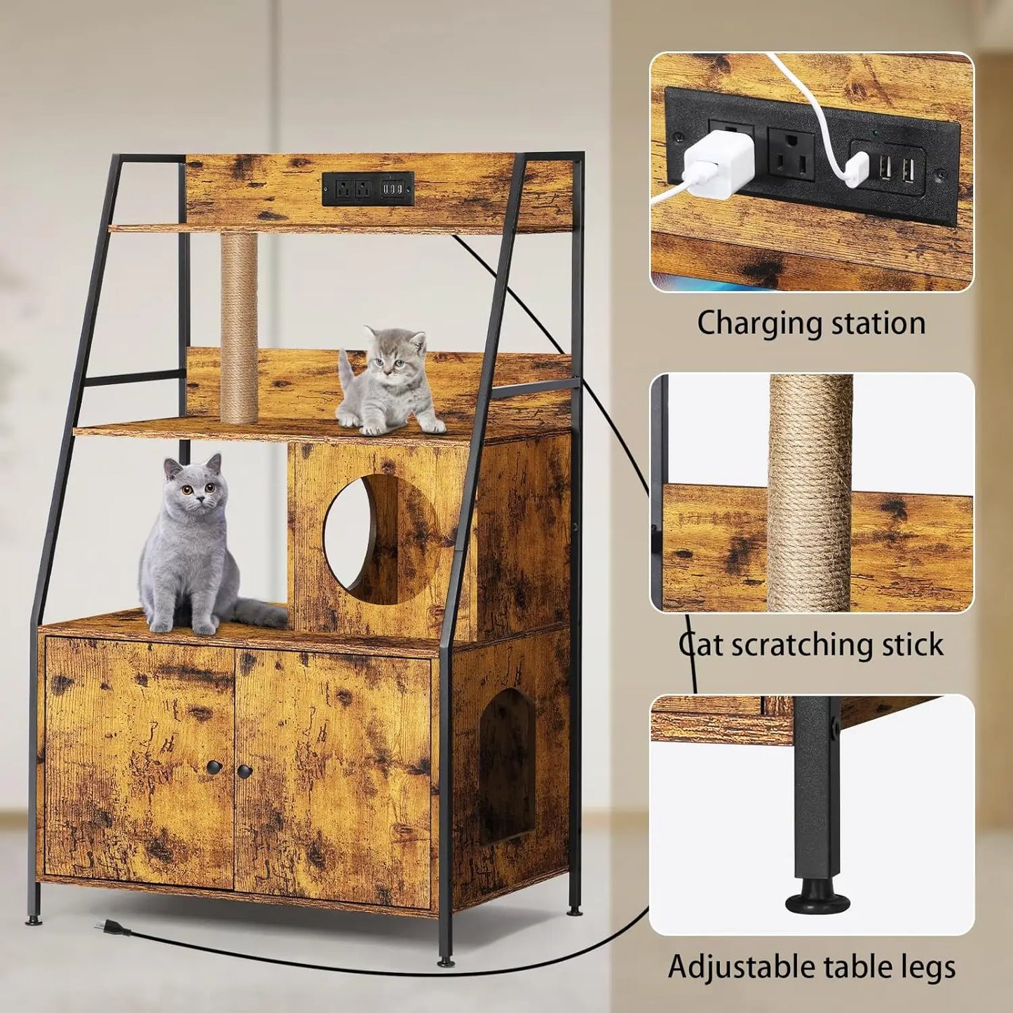 Cat Litter Box Enclosure With Two Shelves And Charging Station