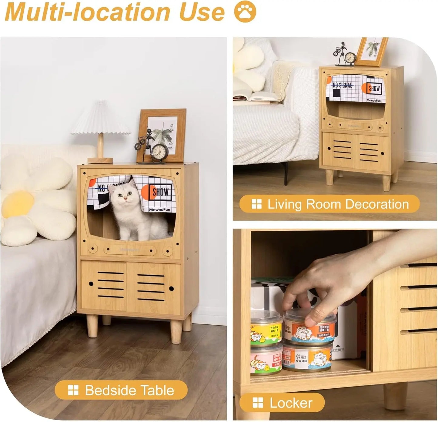 Mewoofun Cat TV House Wooden Cat Condo Sturdy Luxury Cat TV Furniture with Cat Scratcher and Storage Space Nature