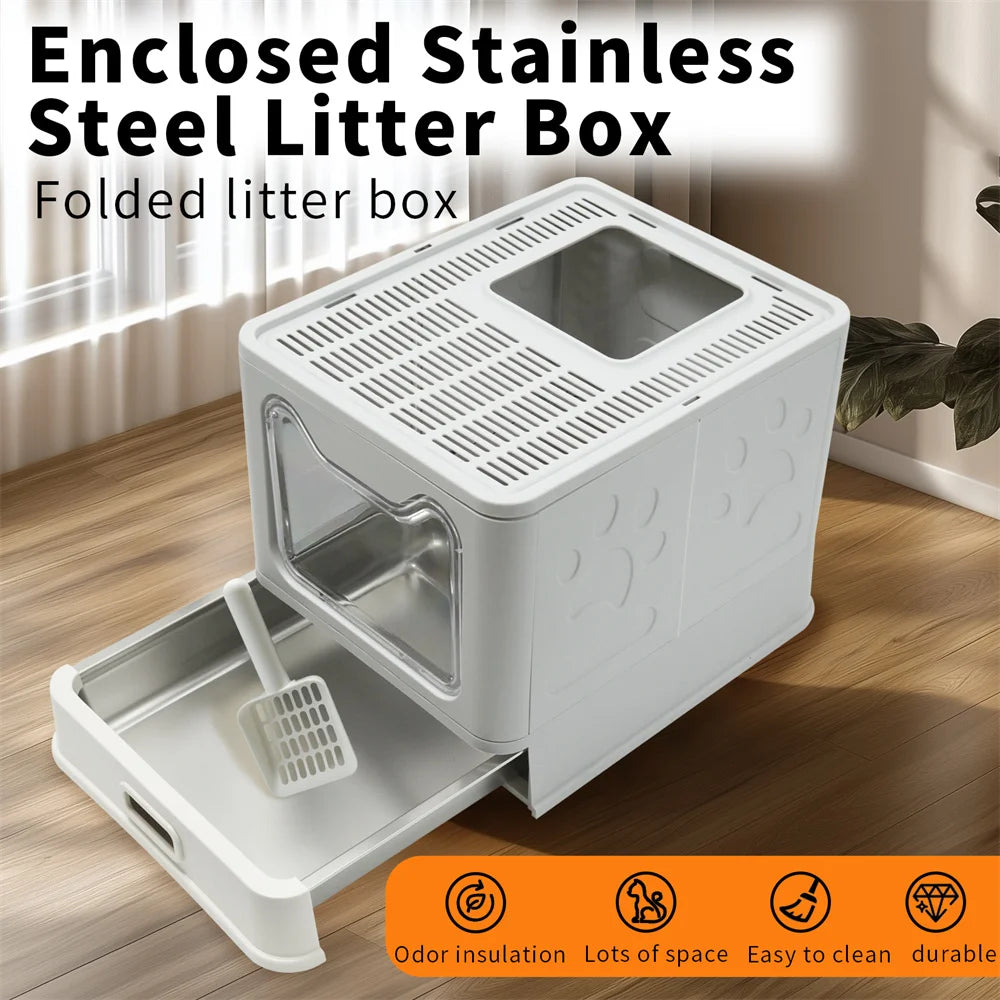 Feature Enclosed Stainless Steel Cat Litter Box With Lid Scoop