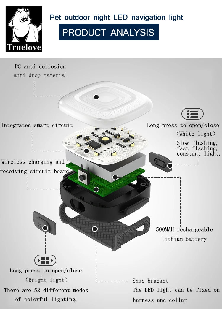 Truelove Pet Night LED TLD19102 Navigation Light Safe and Comfortable Wireless Charging Wear Ropes, Seat Belts Dog Accessories