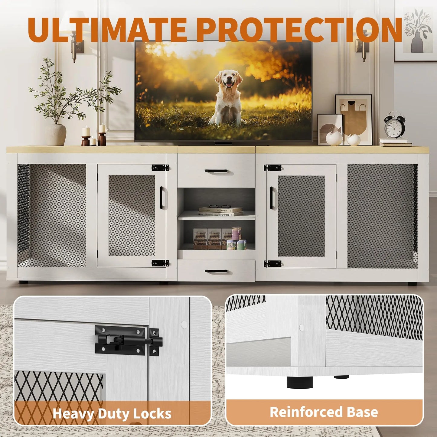 HiMISS Double Dog Crate TV Stand With Feeding Station Storage