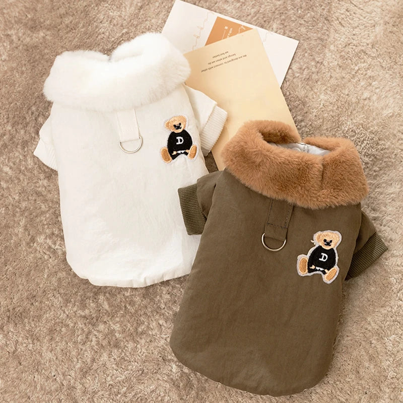 Winter Dog Coat Bear Print Fur Collar Windproof Jacket