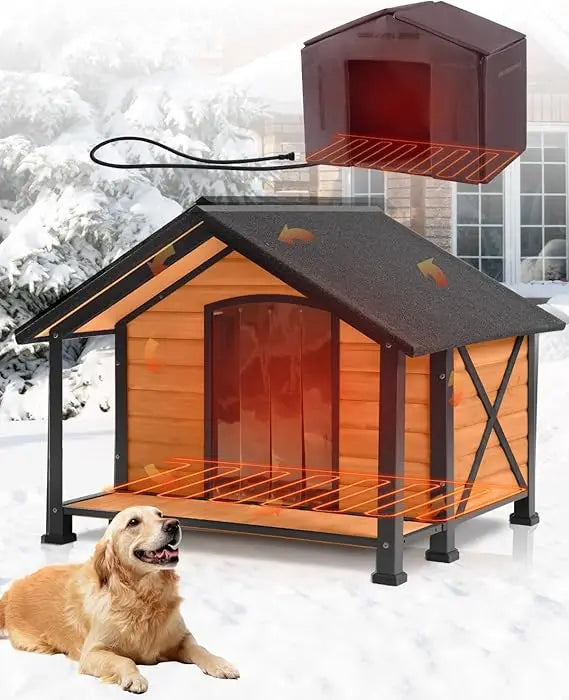 Heated Dog House Outdoor Insulated Dog Kennel for Small Medium Large Dogs, Iron Frame Dog Shelter for Outside, Waterproof Roof R