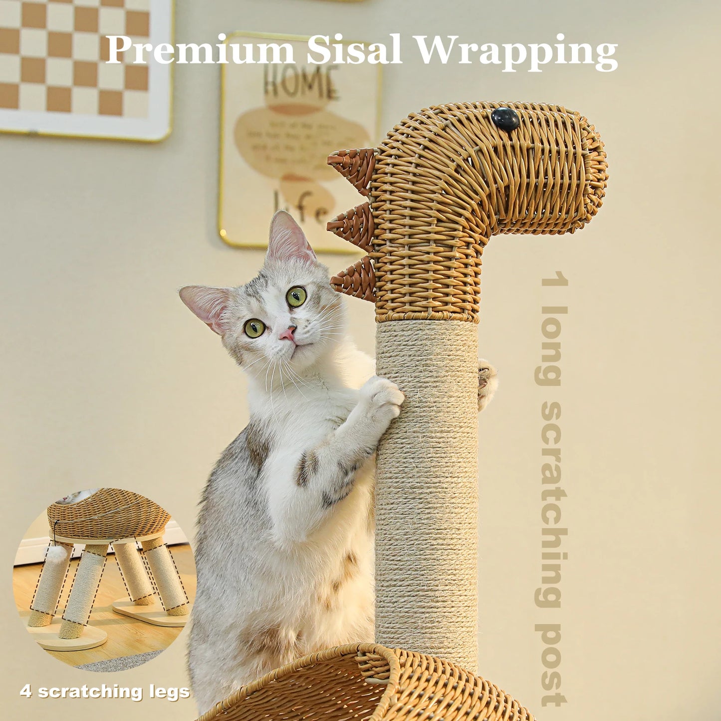 PAWZ Road Dinosaur Cat Tree Tower With Sisal Scratching Post Three Layer Rattan Cat Condo Indoor Wicker Bed