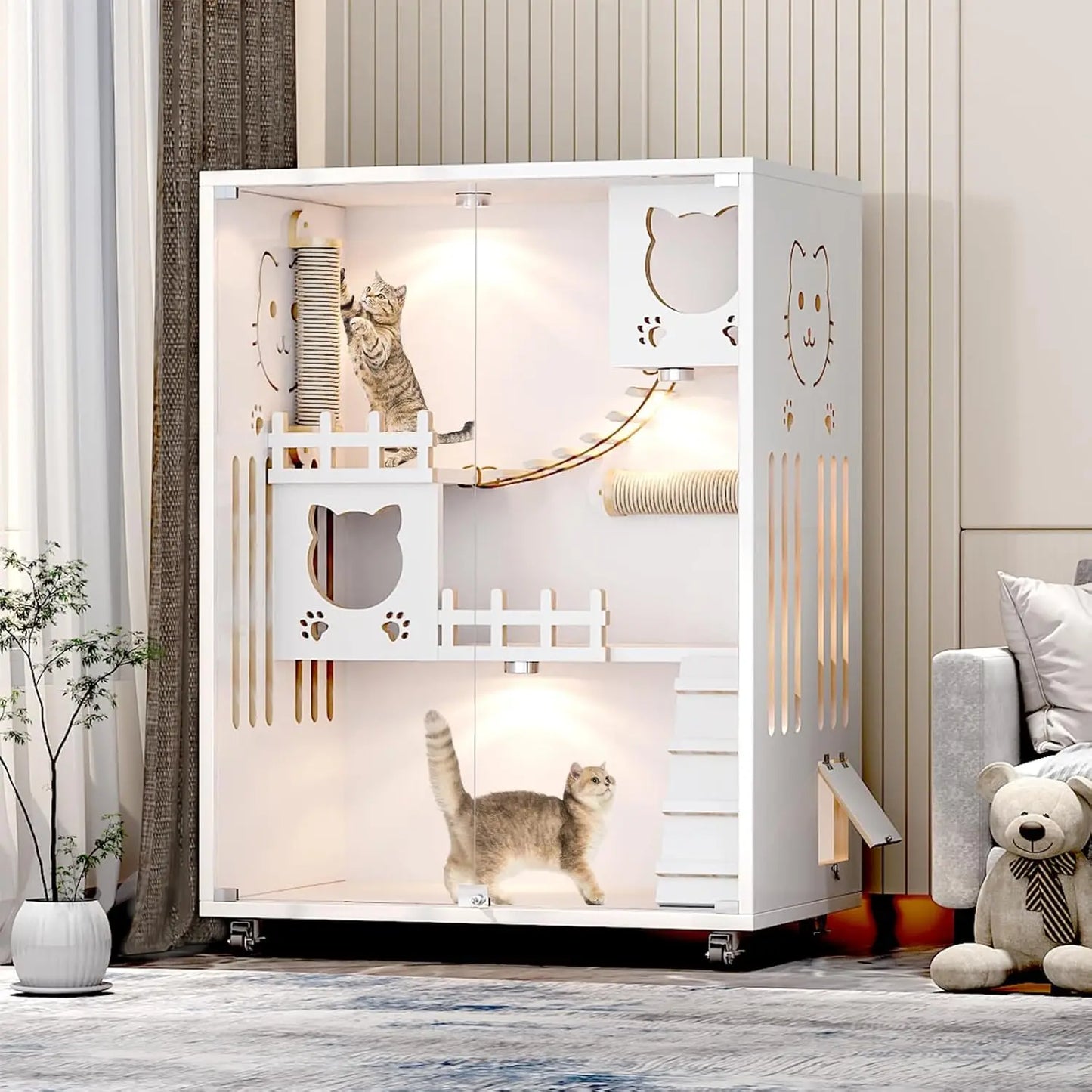 Large Enclosed Cat Condo, Wooden Large Cat Villa, Indoor/Outdoor Cats Enclosure with Wheels, Multi-Feature Cat Houses for Indoor