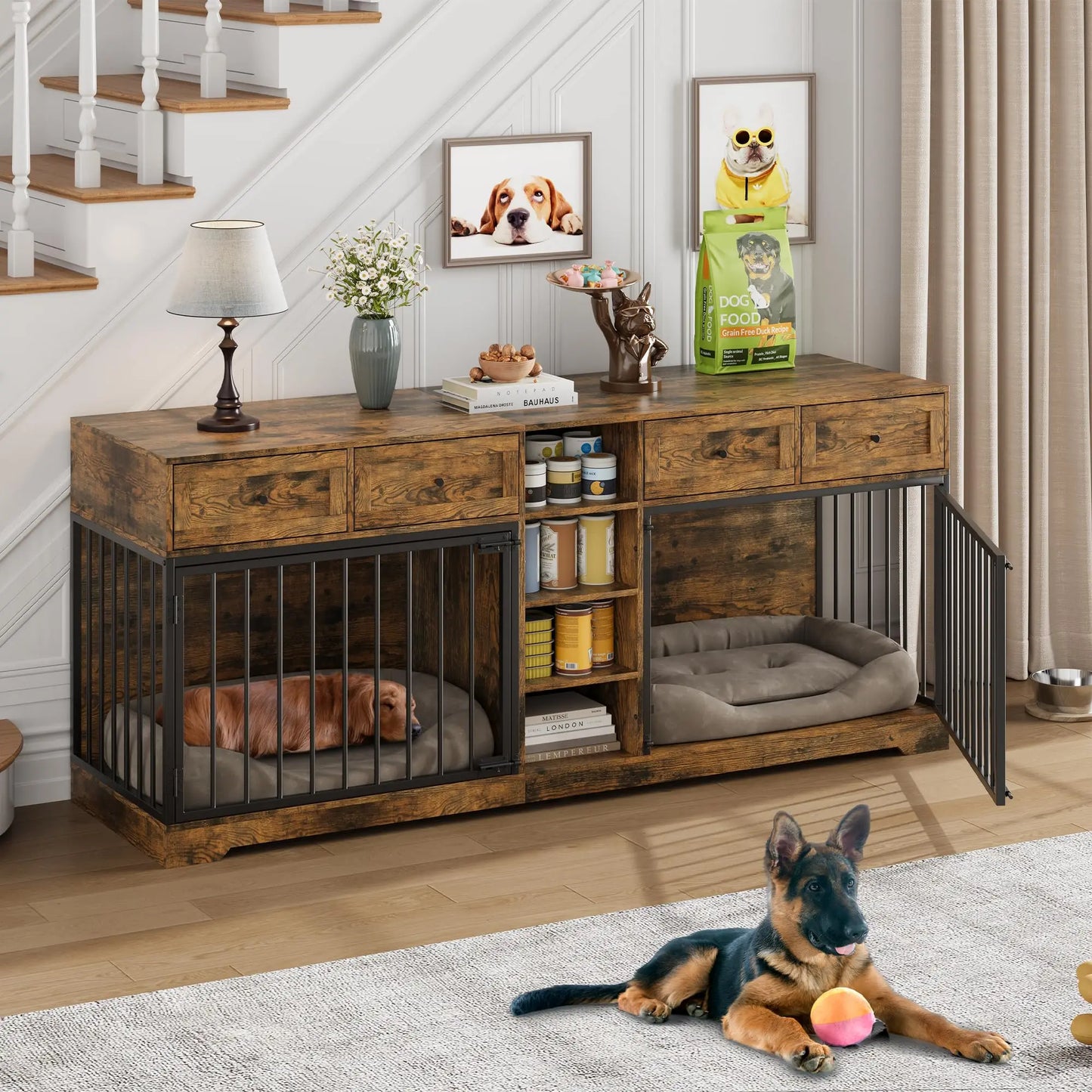 HiMISS Double Dog Crate TV Stand With 4 Drawers Organizer