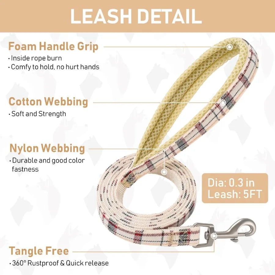 Adjustable Soft Mesh Dog Harness And Leash Set With Reflective Plaid Design For Pets