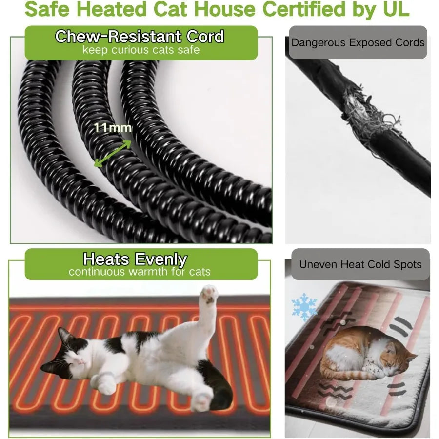 Heated Outdoor Cat House with Insulated Liner 2-Story Feral Cat Shelter with Heater Weatherproof Wooden Kitty Shelter with Wind