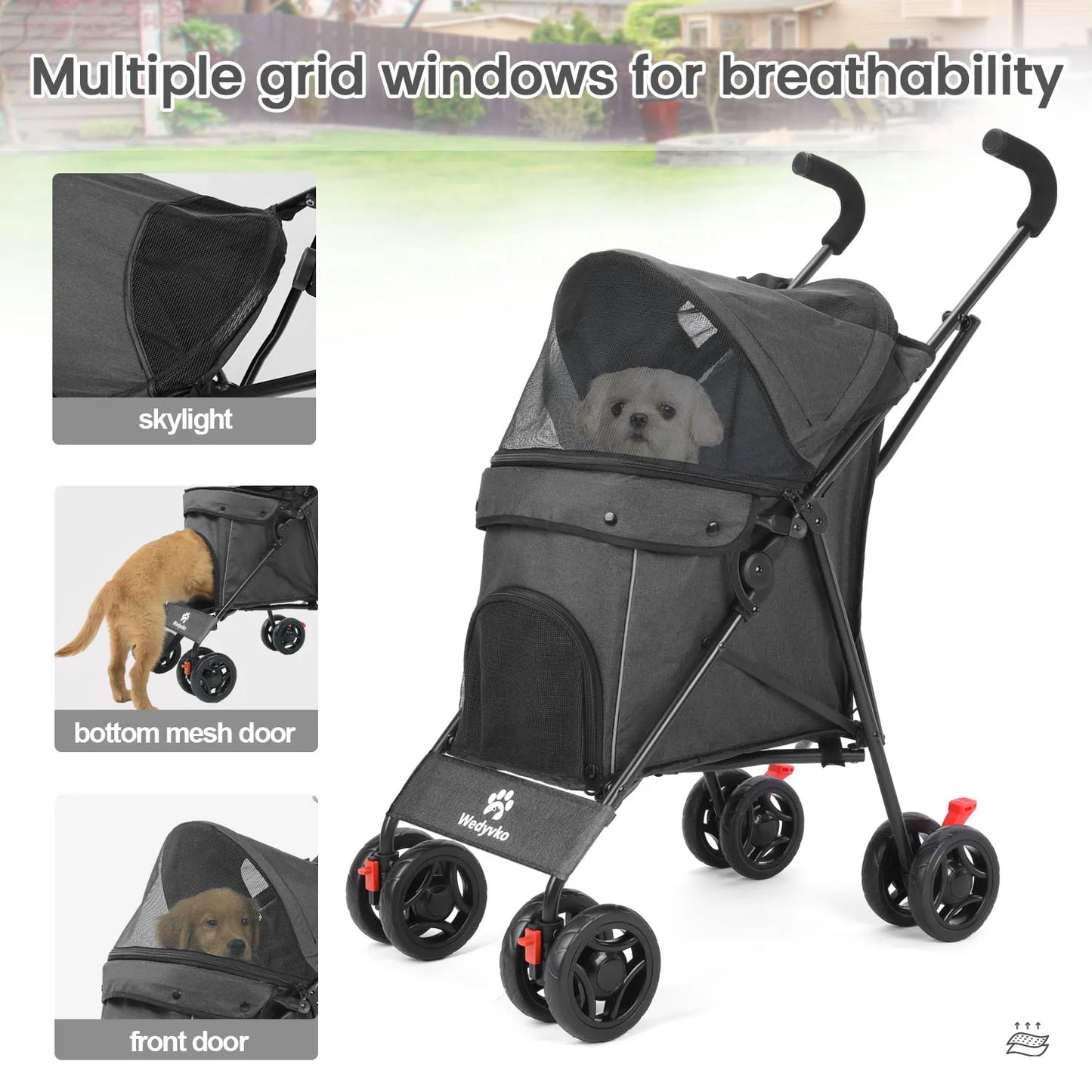 Wedyvko Pet Dog Stroller 4 Wheels With Brakes And Storage