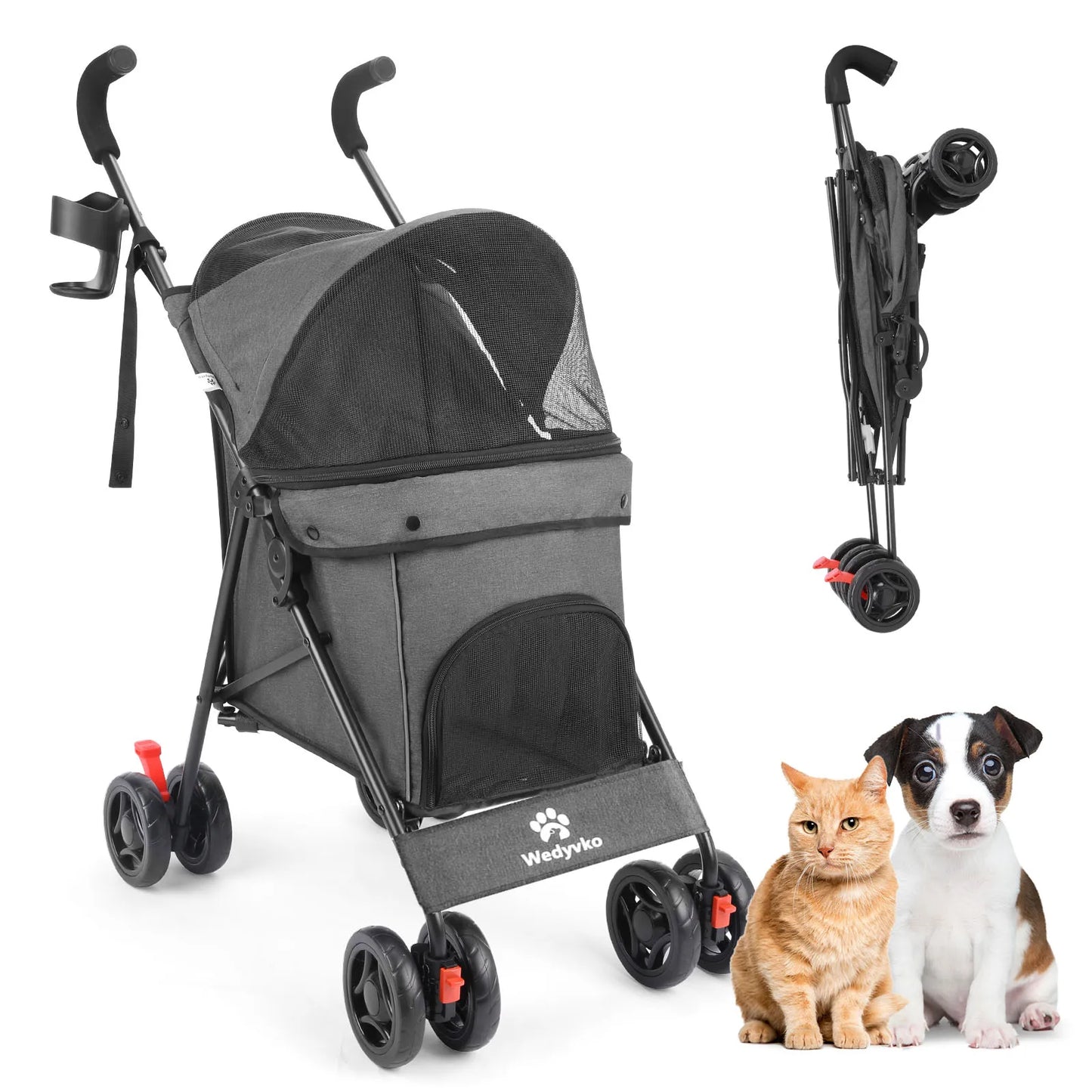 Wedyvko Pet Dog Stroller 4 Wheels Puppy Stroller Rotate with Brakes Storage for Dogs Cats Travel Pet Suplies Outdoor 애완견 유모차