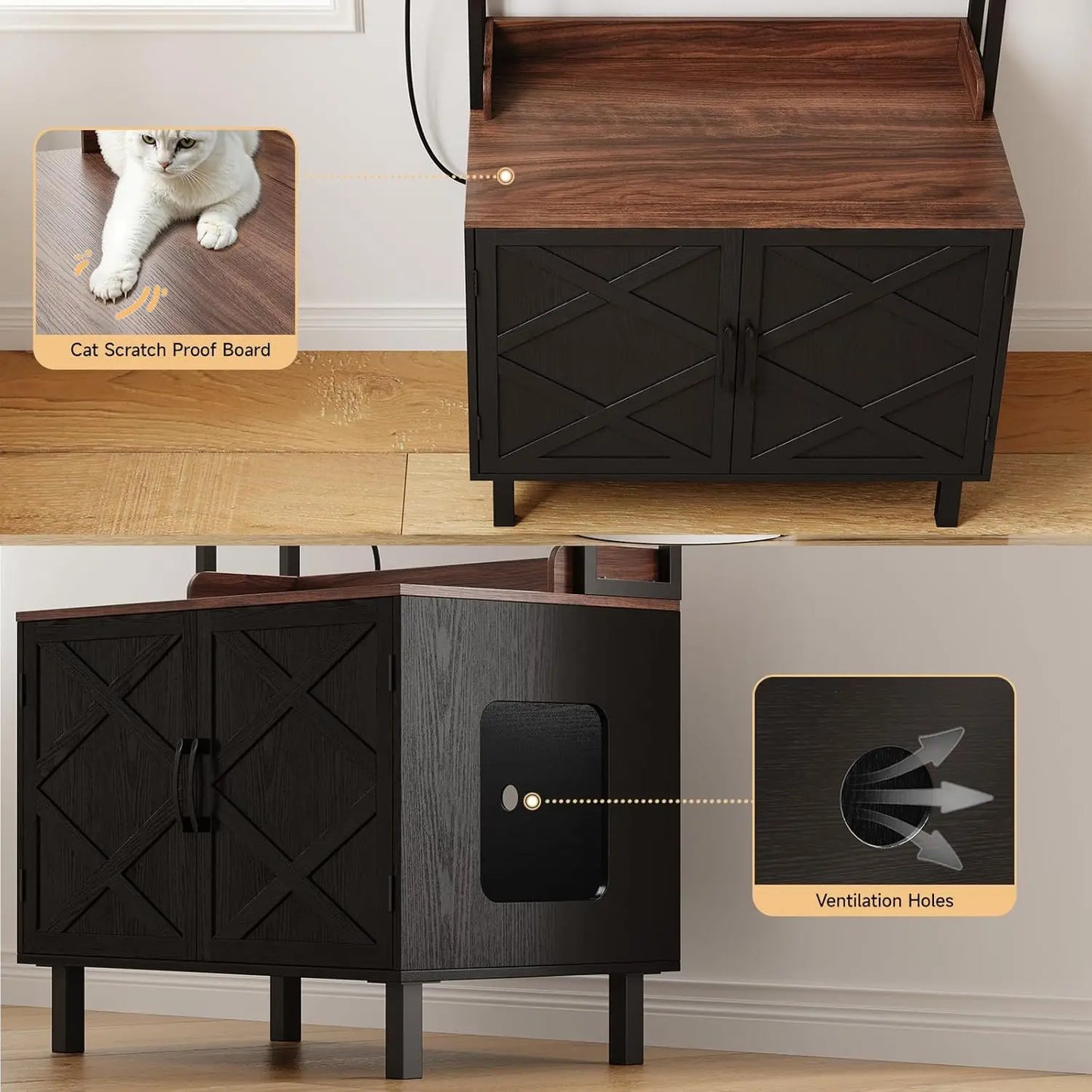 HUANZHUANG Cat Litter Box Enclosure With Outlets And Shelves Wooden