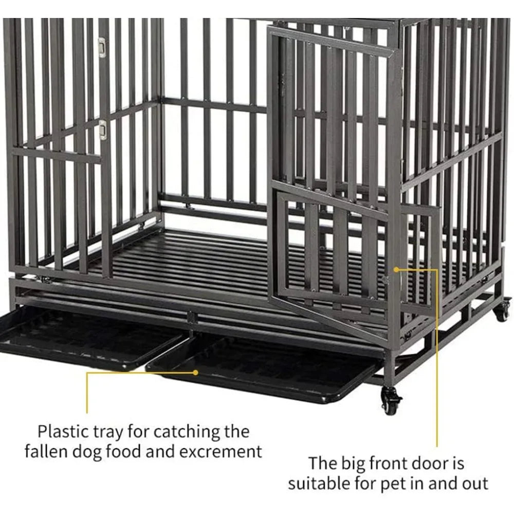 Heavy Duty Dog Cage Metal Kennel and Crate for Medium and Large Dogs, Pet Playpen with Four Wheels,Easy to Install,46 inch,Blac